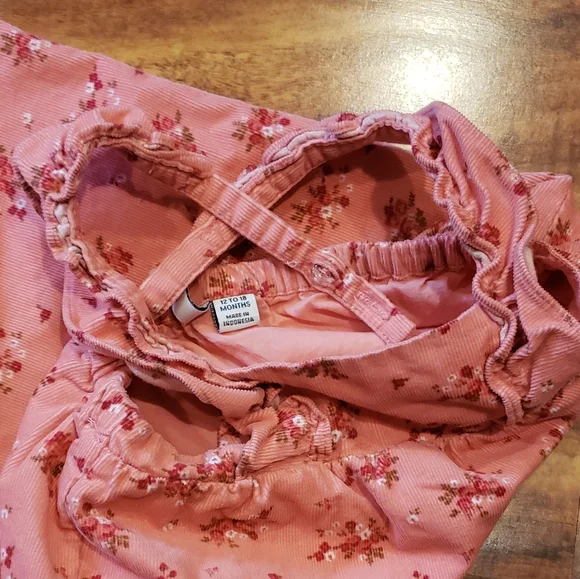 Janie and Jack EUC 12-18 months pink floral corduroy overalls - Picture 5 of 5